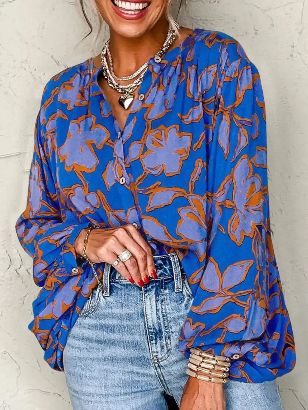 Print Batwing Sleeve Buttoned Loose Fit Shirt