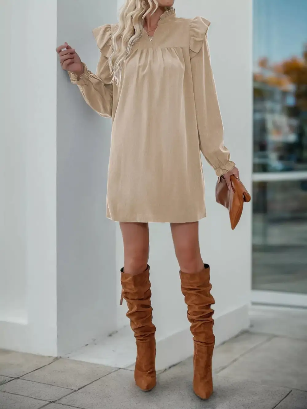 Smooth Finish Ruffle Long Sleeve Dress