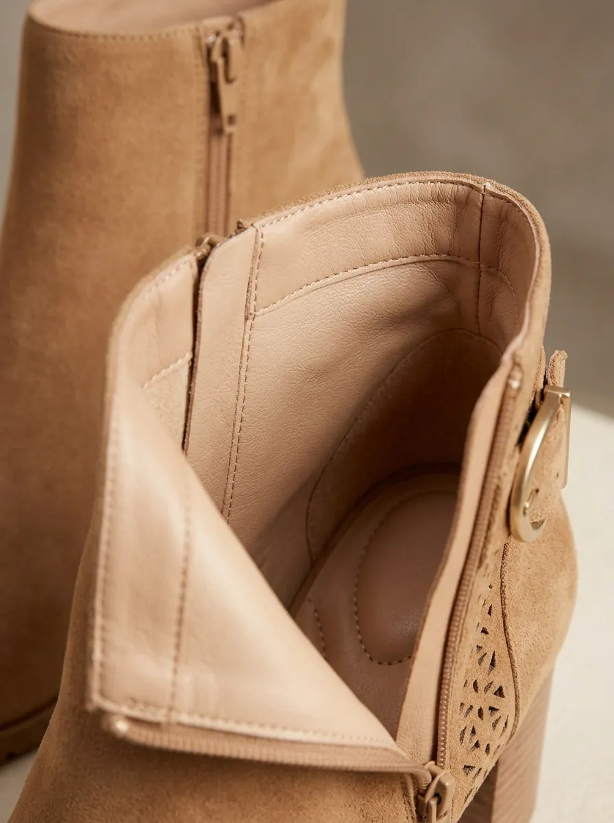 Laser-Cut Buckle-Detail Suede-Look Women's Peep-Toe Ankle Boots