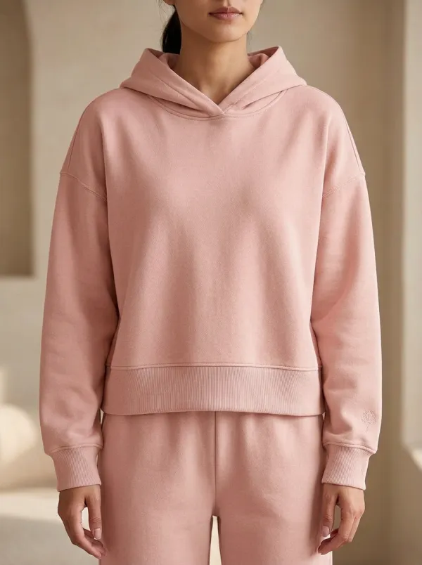 Women's Minimalist Solid Beige Embroidered Logo Hoodie