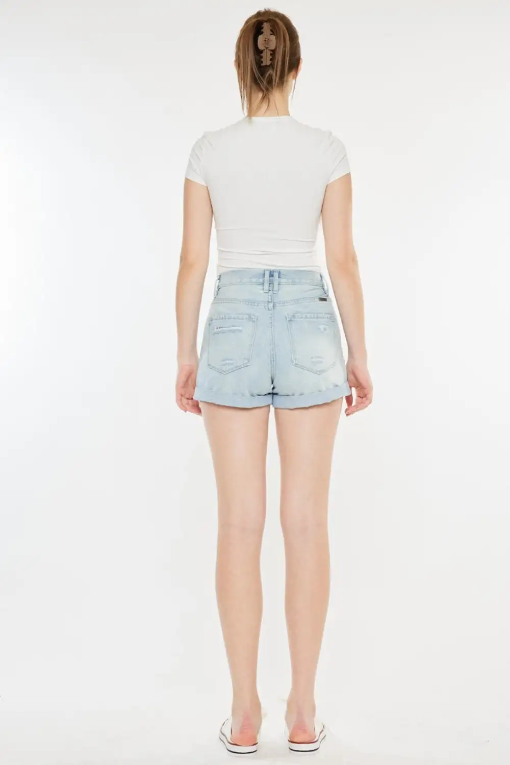 High Rise Repaired Denim Shorts