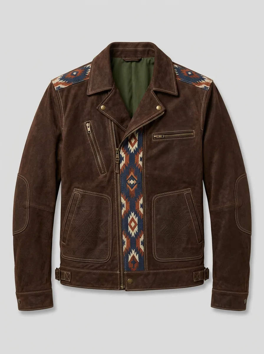 Men's Suede Moto Jacket with Southwestern Pattern Details