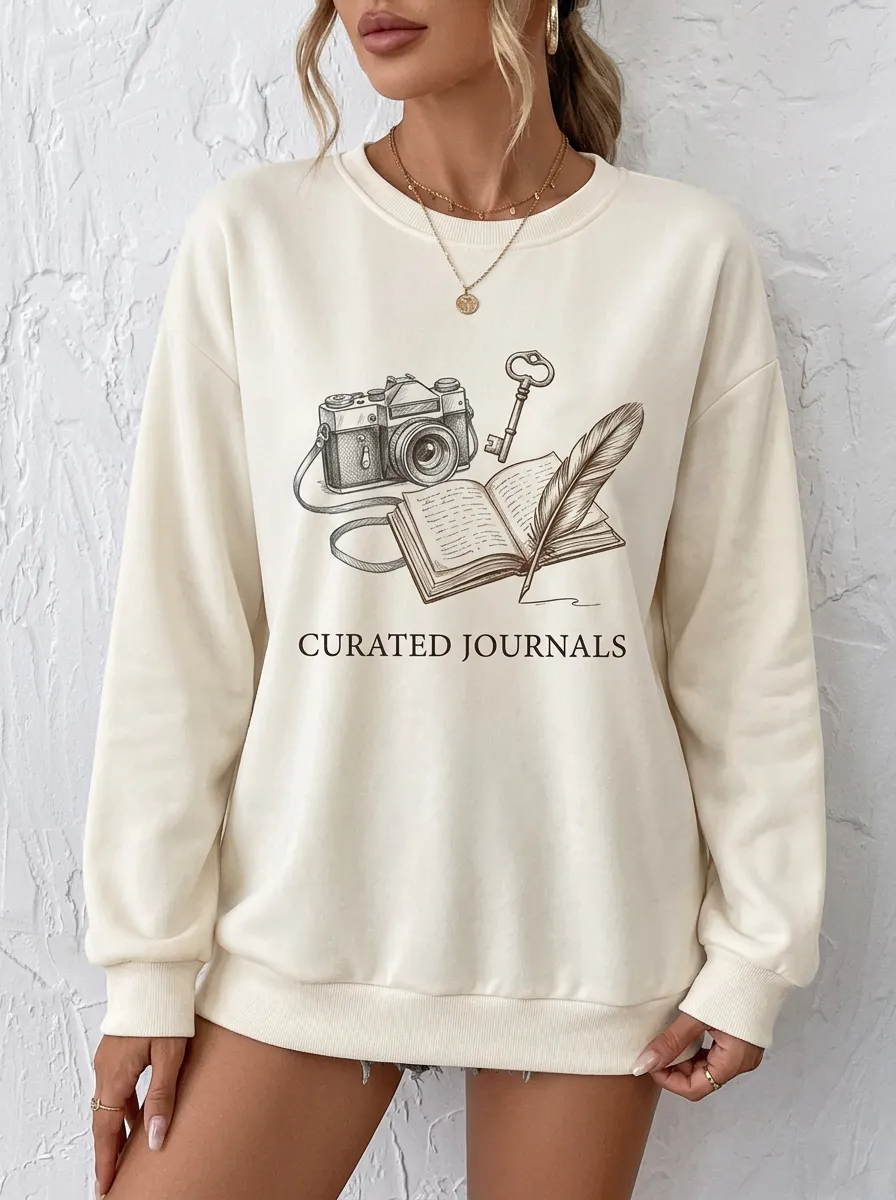 Women's Writer Photographer Curated Journals Camera Feather Printed Sweatshirt