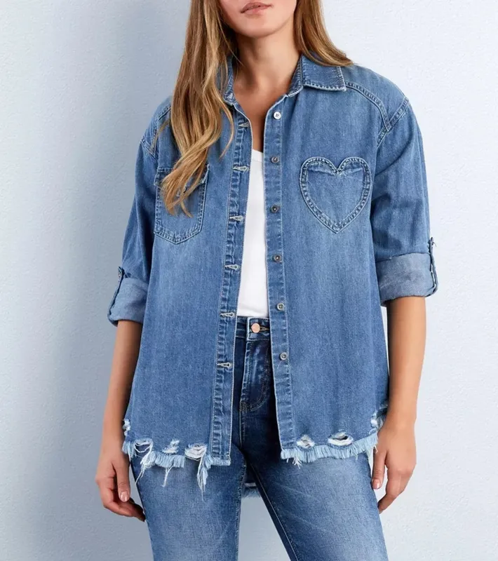 Frayed Hem Roll-Up Sleeve Denim Shirt