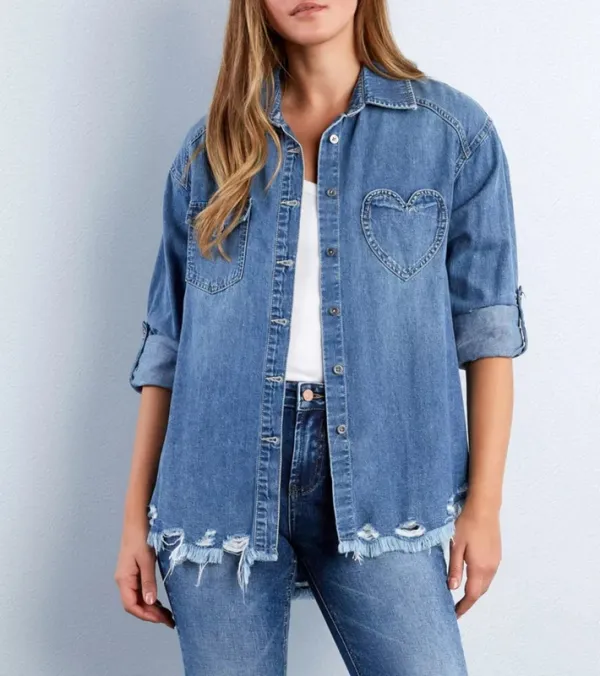 Frayed Hem Roll-Up Sleeve Denim Shirt