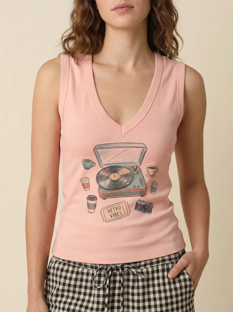 Women's Retro Music Coffee Vinyl Player Graphic Tank Top