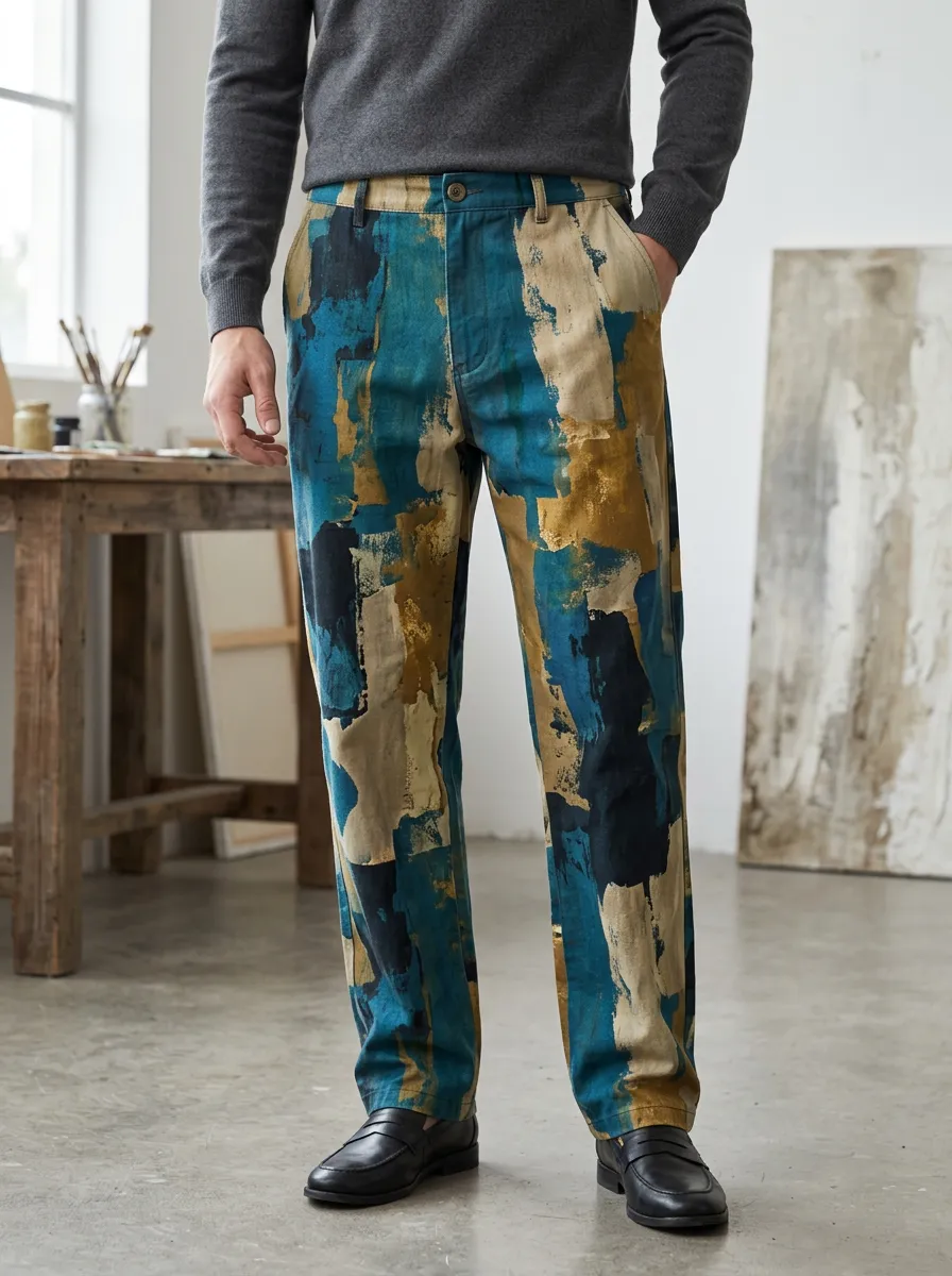 Men's Abstract Art Style Blue and Gold Brushstroke Printed Pants