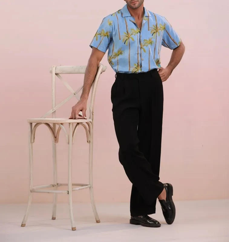 Blue Palm Mulmul Cotton Camp Collar Shirt