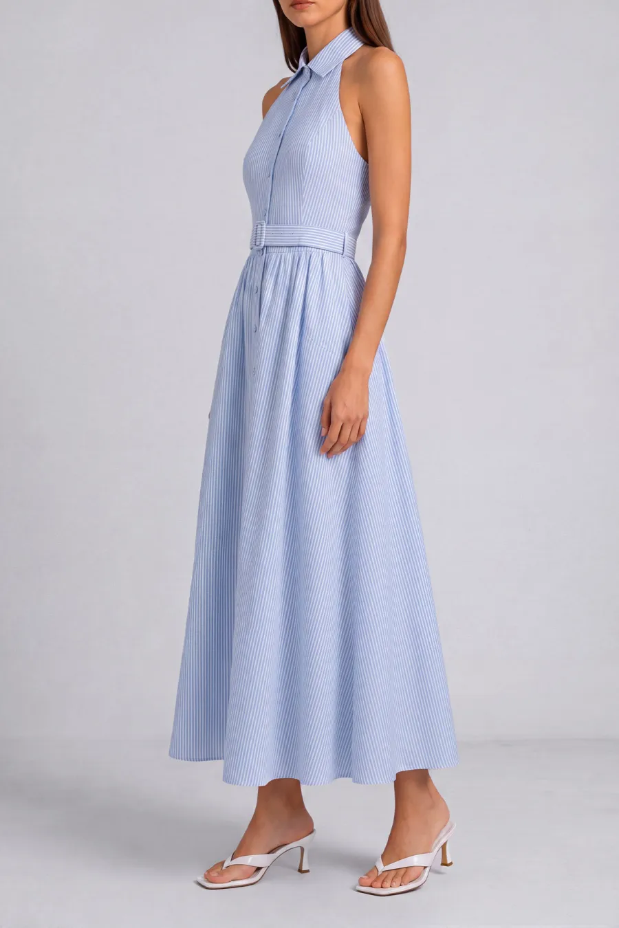 Halter Neck Button Front Midi Dress