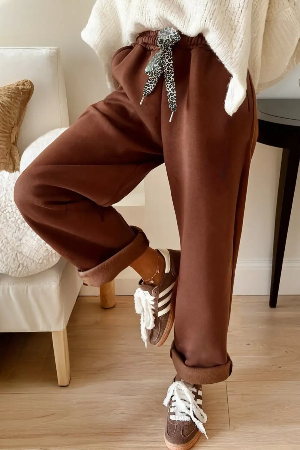 Classic Fleece Lined Leopard Drawstring Elastic Waist Solid Trousers