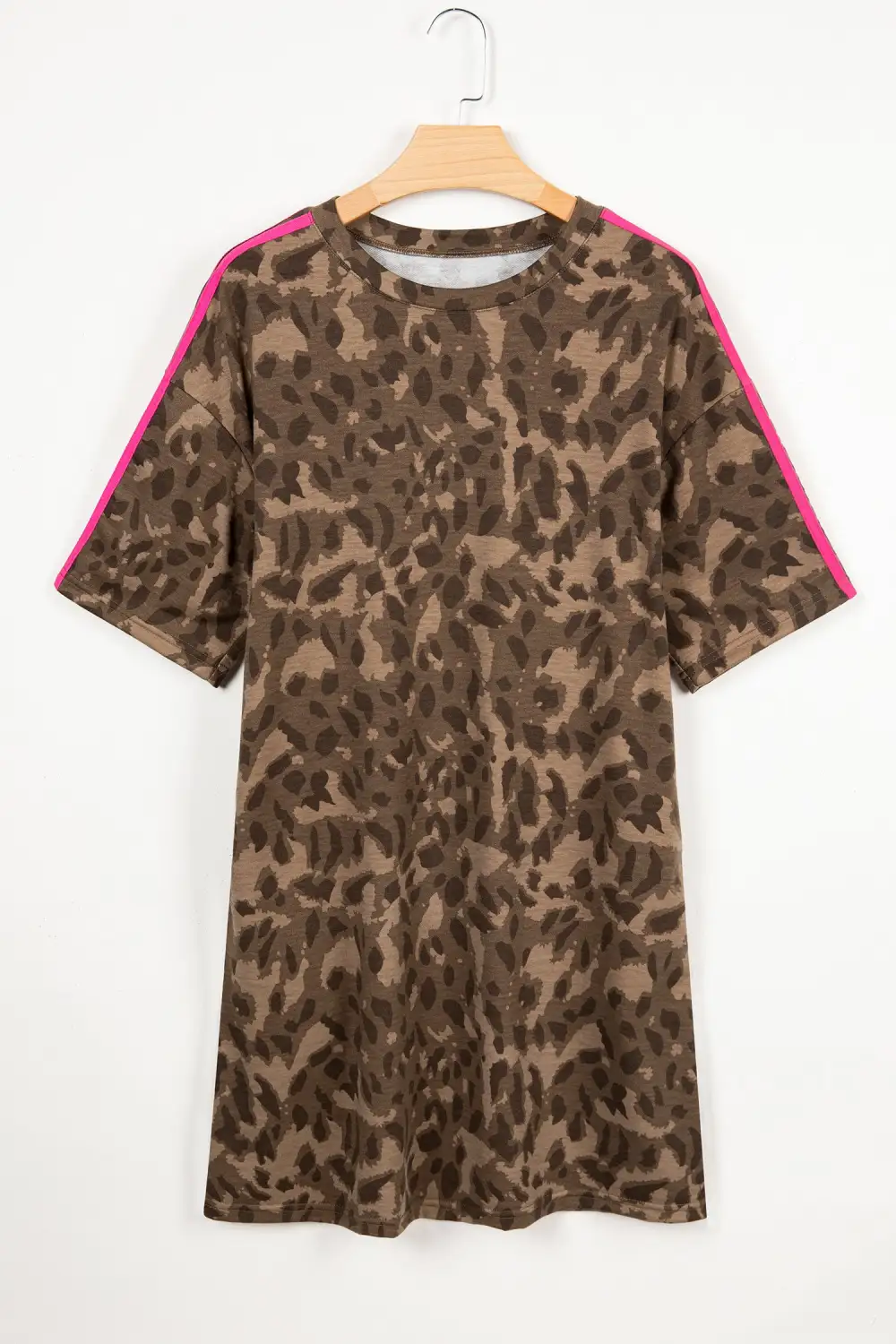Women's Striped Leopard Print Loose Fit Pocket Mini Dress