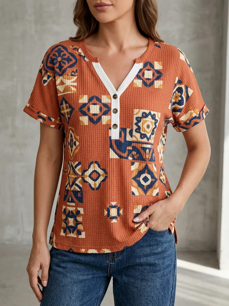 Women's Bohemian Geometric Pattern Printed Waffle Henley Shirt