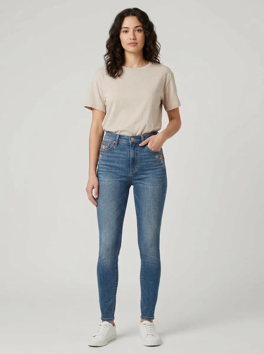 Women's Ridge Floral Embroidery Pocket Printed Slim Jeans