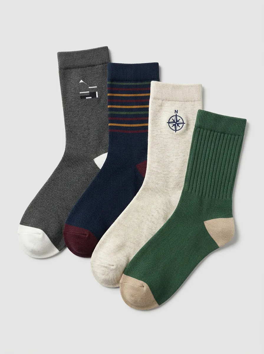 Compass Motif Striped Geometric Embroidered Detail Men's Crew Socks Four-Pair Pack