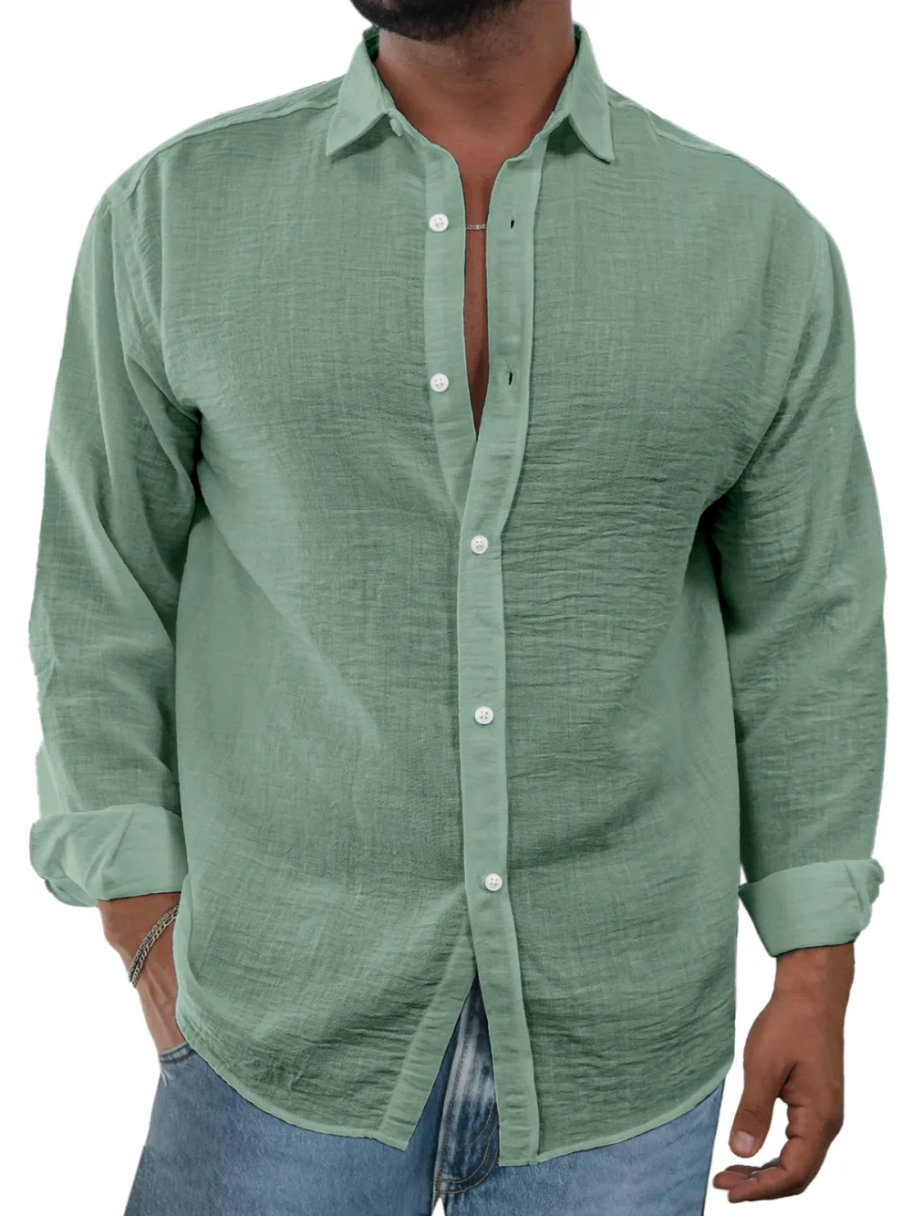 Linen Blend Open Collar Shirt