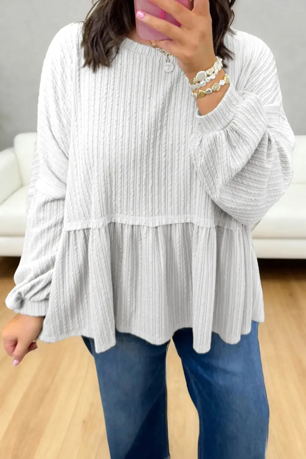Women's Solid Textured Long Sleeve Top