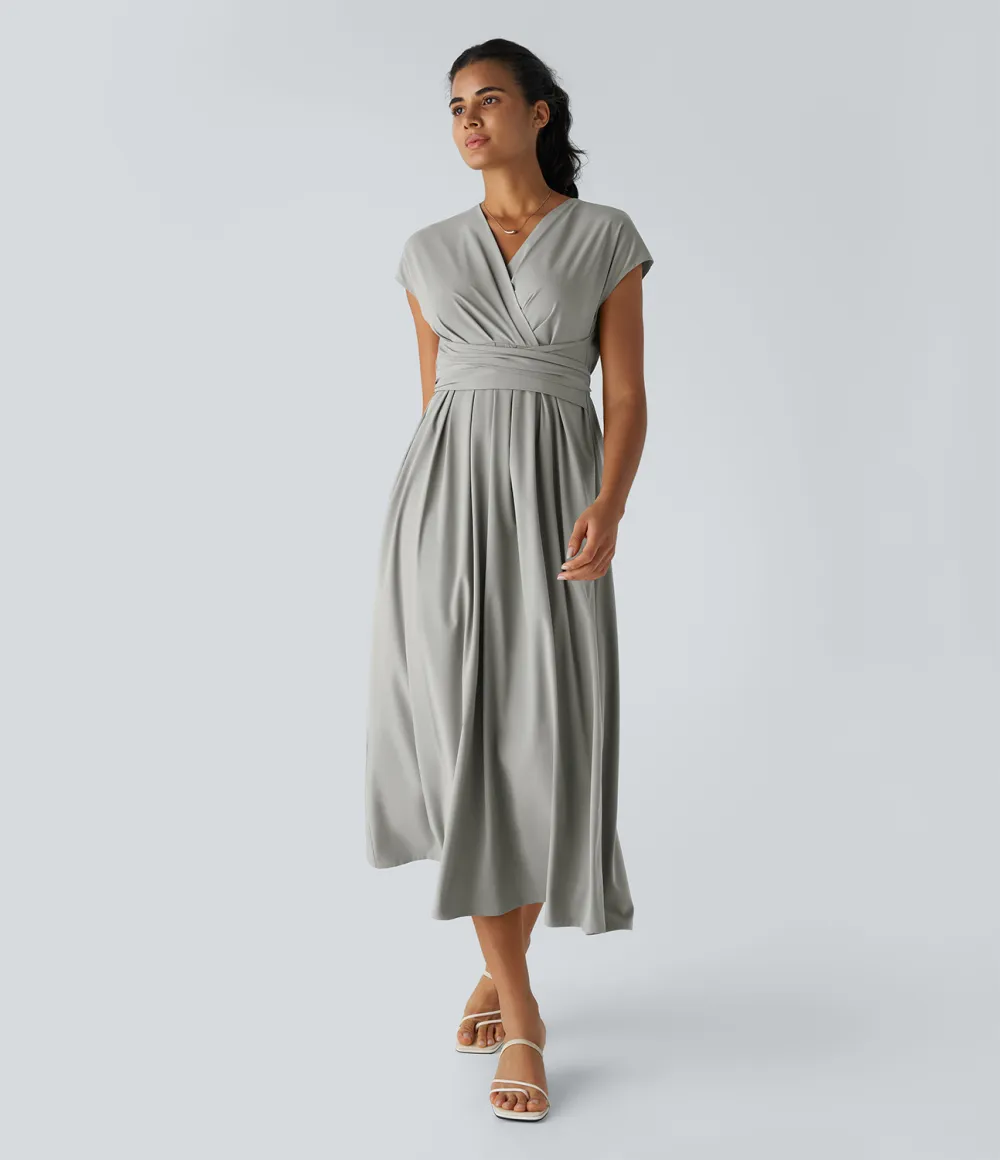 Breezeful V Neck Short Sleeve Side Pocket Tie Back Quick Dry Midi Casual Dress