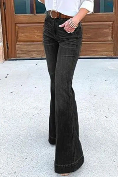 Contoured Flare Leg Pocketed Denim Jeans