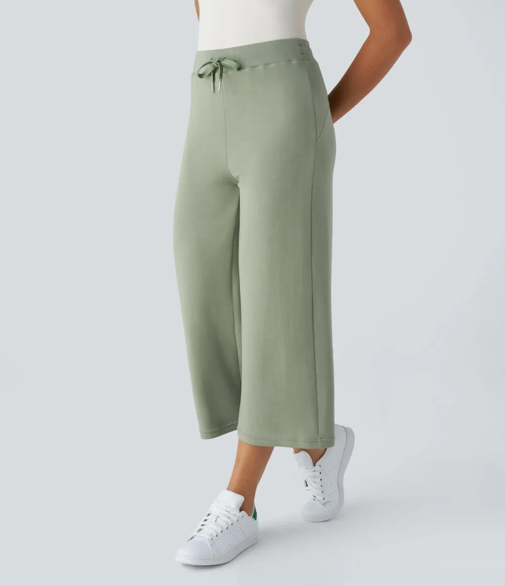 High Waisted Drawstring Capri Work Wide Leg Pants
