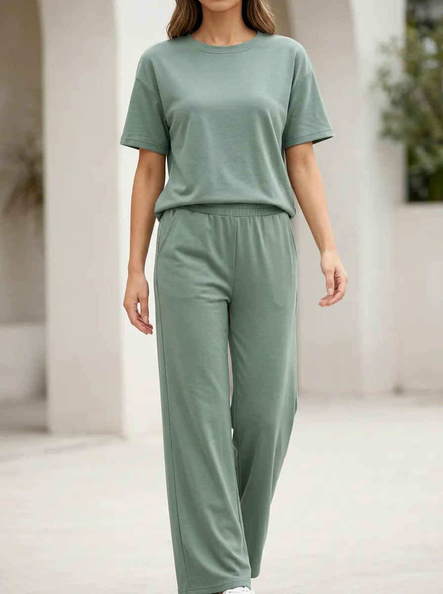 Women's Relaxed Crew-Neck Wide-Leg Two-Piece Set
