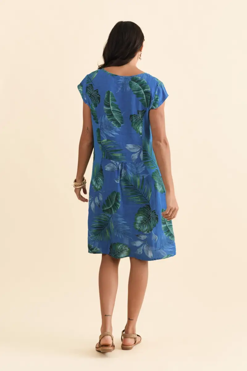 Linen Above-Knee Floral Pocket Round-Neck Short-Sleeve Straight-Cut Dress