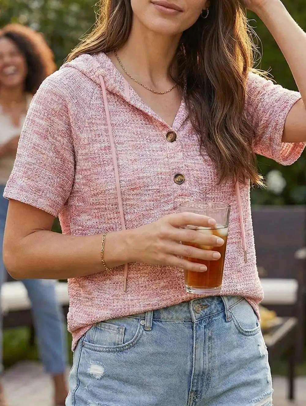 Waffle V-Neck Hooded Short Sleeve Top