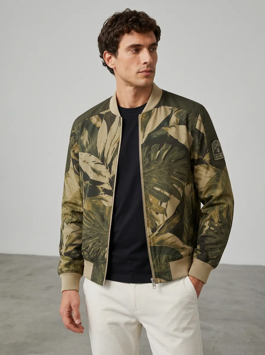 Men's Tropical Leaf Pattern Army Green Printed Bomber Jacket