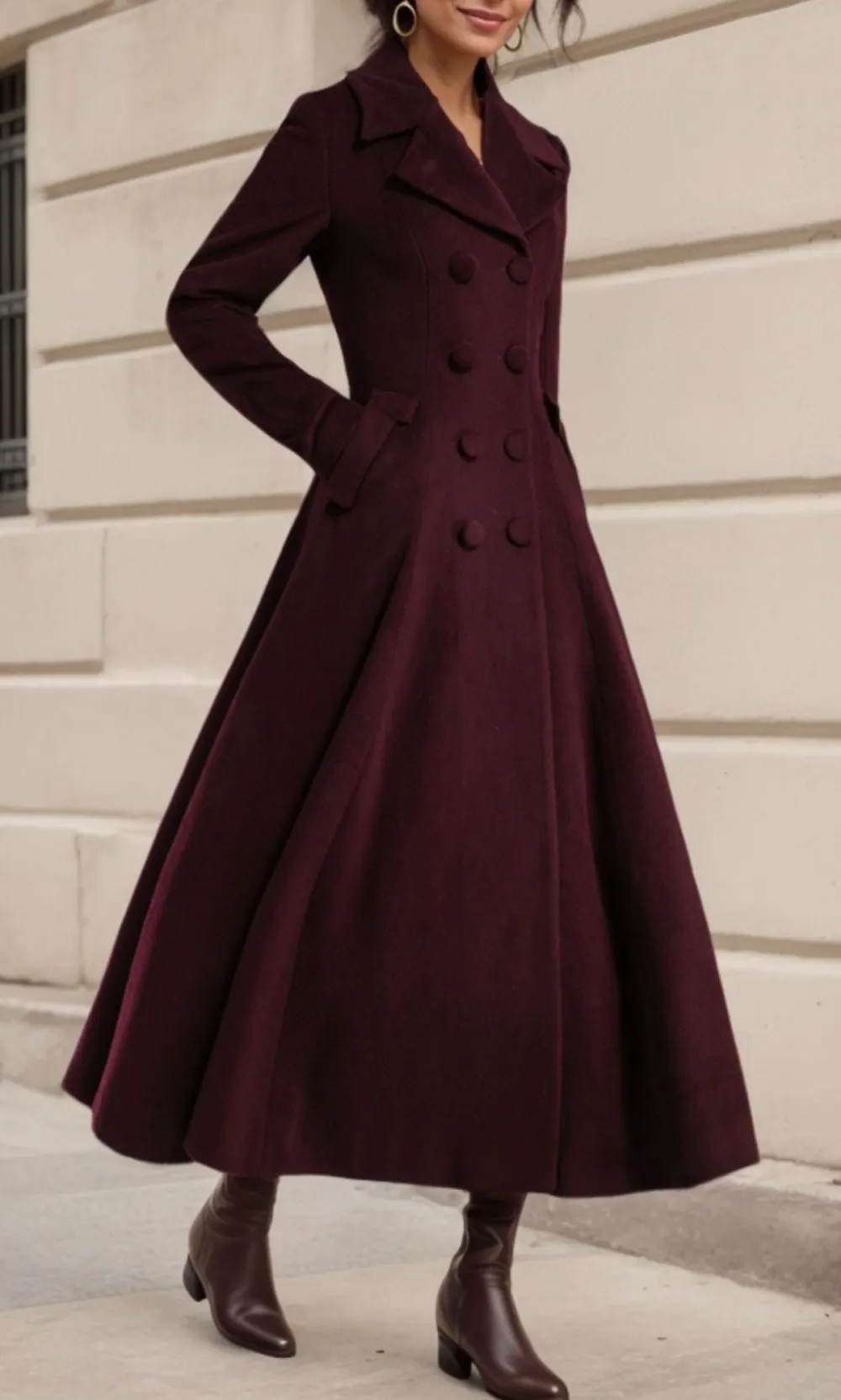 Wool Blend Fit and Flare Double Breasted Pocketed Long Coat