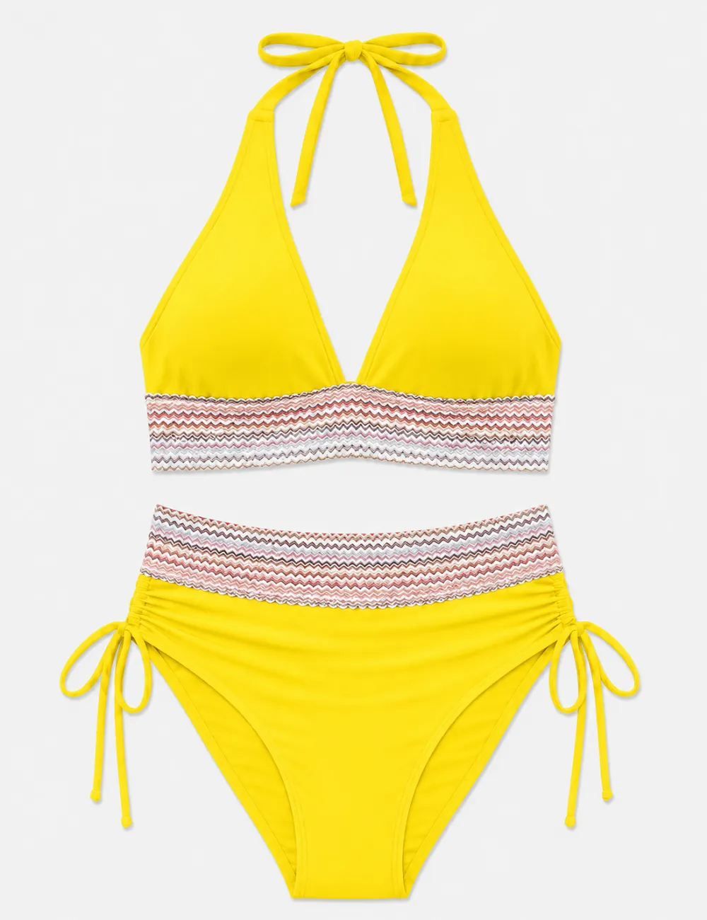 Deep V Neck Colorful Zigzag Smocked Trim Bikini Set