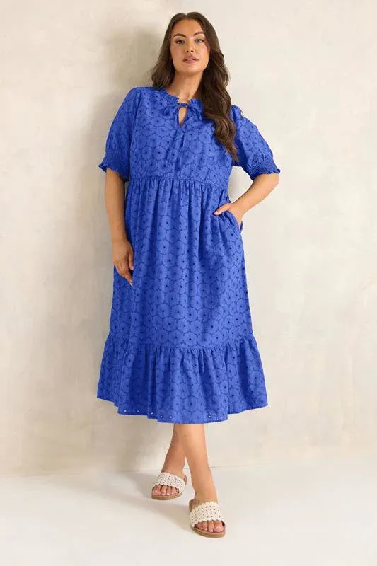 Blue Tie Neck Broderie Cotton Maxi Dress