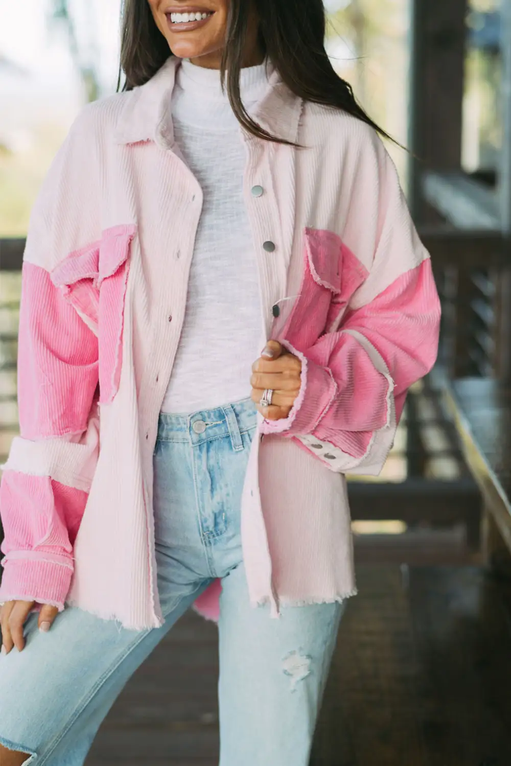 Women's Two Tone Color Exposed Seam Corduroy Shacket