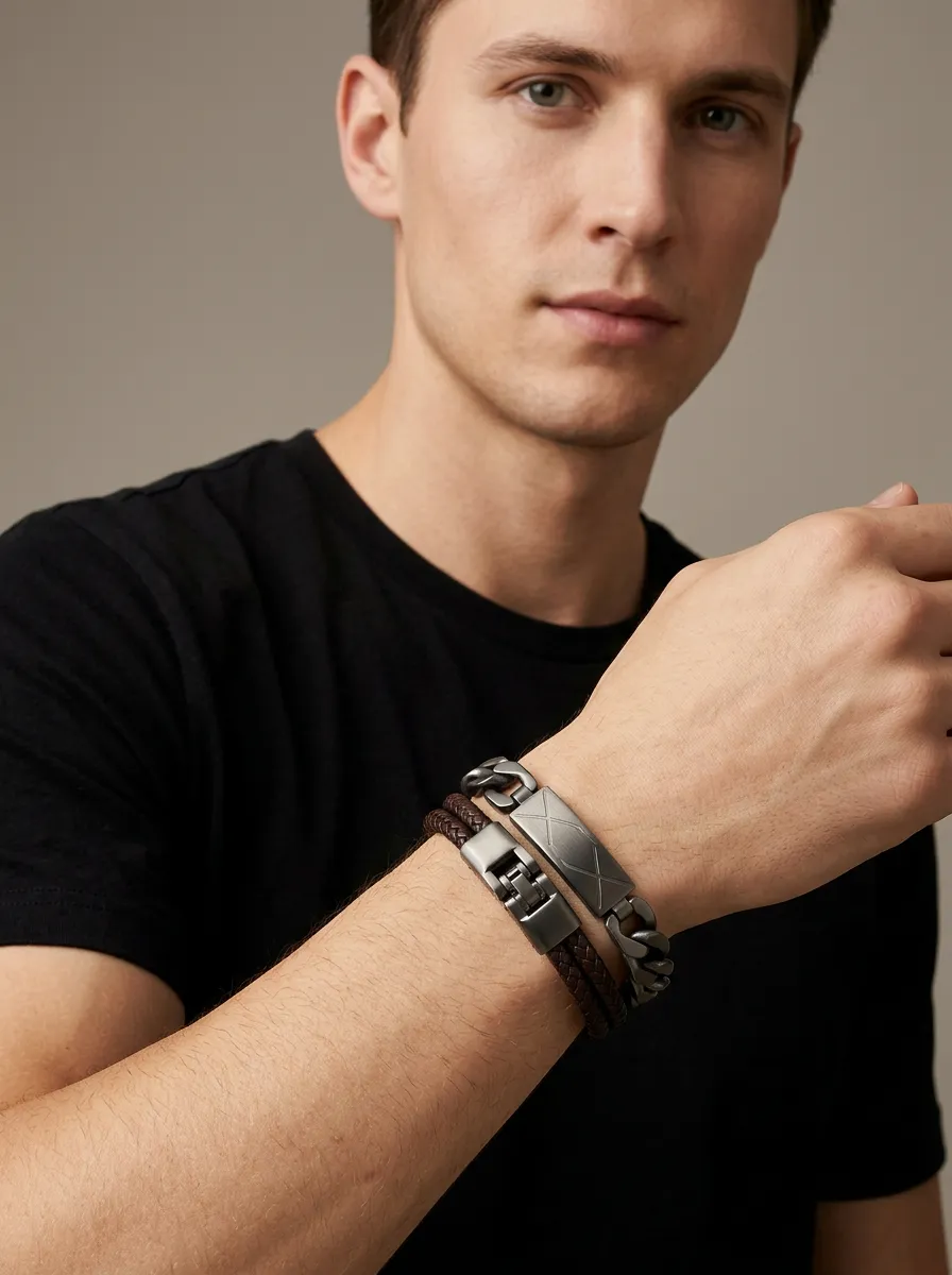 Men's Minimalist Geometric Engraved Layered Leather Metal Bracelet