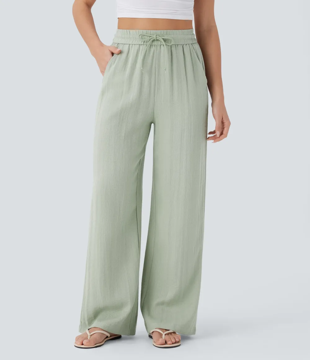 2026🔥  High Waisted Drawstring Pocket Wide Leg Casual Linen-Feel Pants