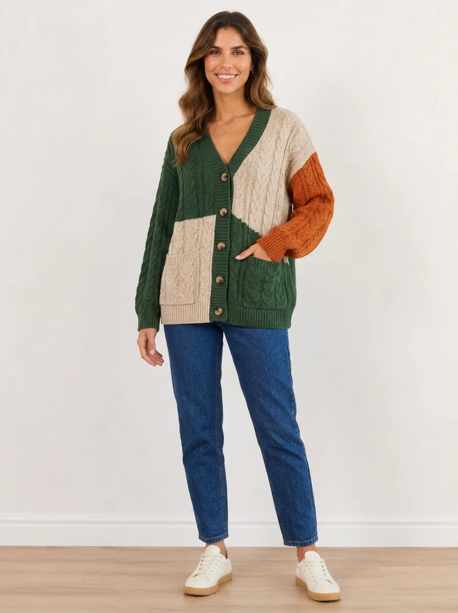 Women's Multi-Color Colorblock Cable Knit Cardigan Button-Front