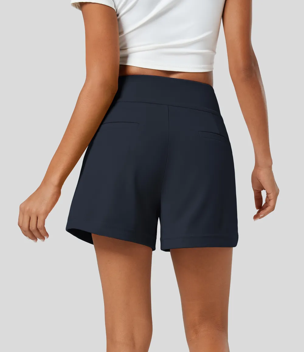 High Waisted Plicated Side Pocket Wide Leg Work Shorts