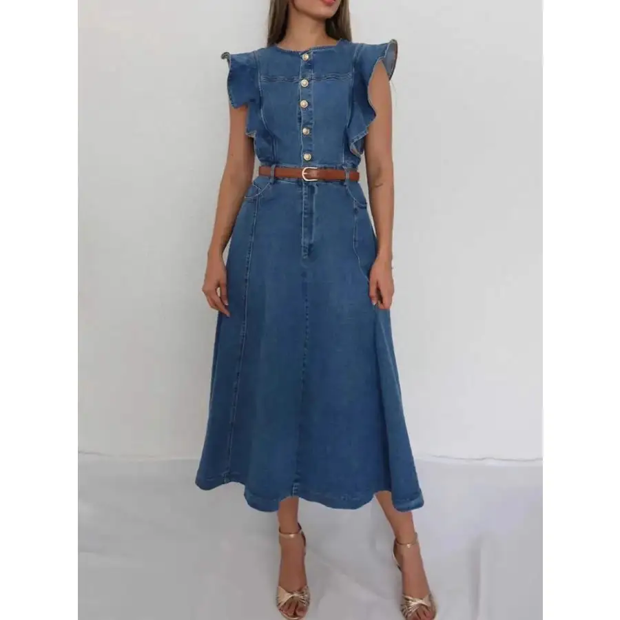 Button-front Ruffle Sleeve Denim Midi Dress