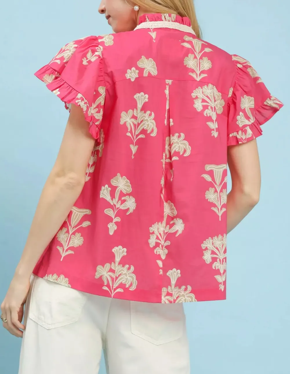 Floral Print Ruffle Sleeve Button Split-Neck Top
