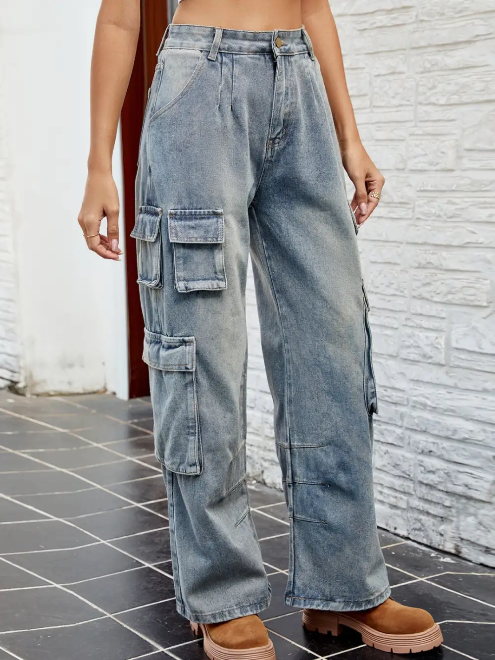 Washed Jeans Pocket Detail Denim