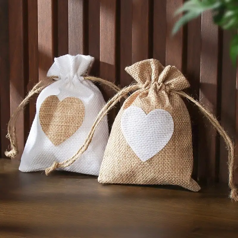 Cotton Linen Drawstring Gift Bag with Heart Print