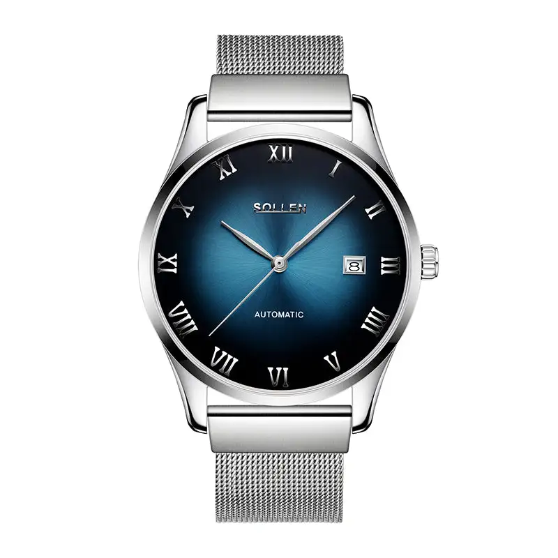 Sollen 9012 Automatic Watch - Men's Roman Sunray Dial Slim Profile Stainless Steel Mesh Strap Wristwatch