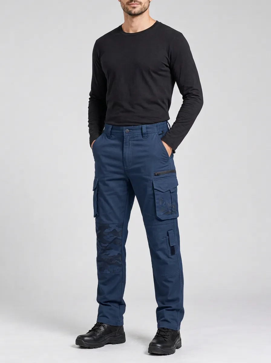 Men's Charcoal Grey Geometric Multi-Pocket Tactical Cargo Pants