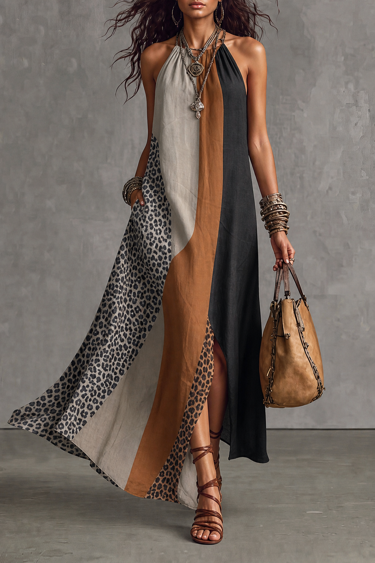 Sleeveless Leopard Pattern Printed Maxi Dress