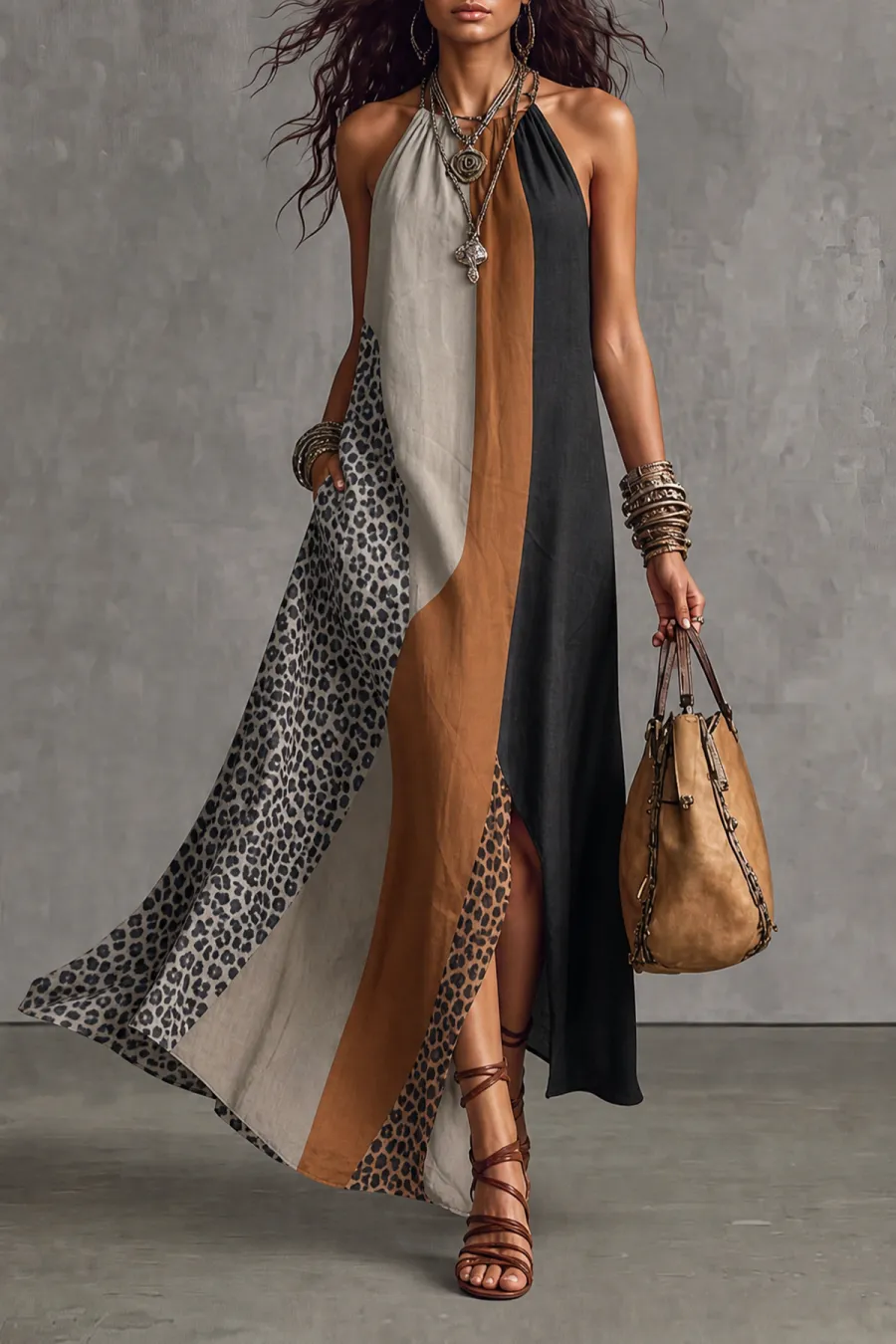 Sleeveless Leopard Pattern Printed Maxi Dress