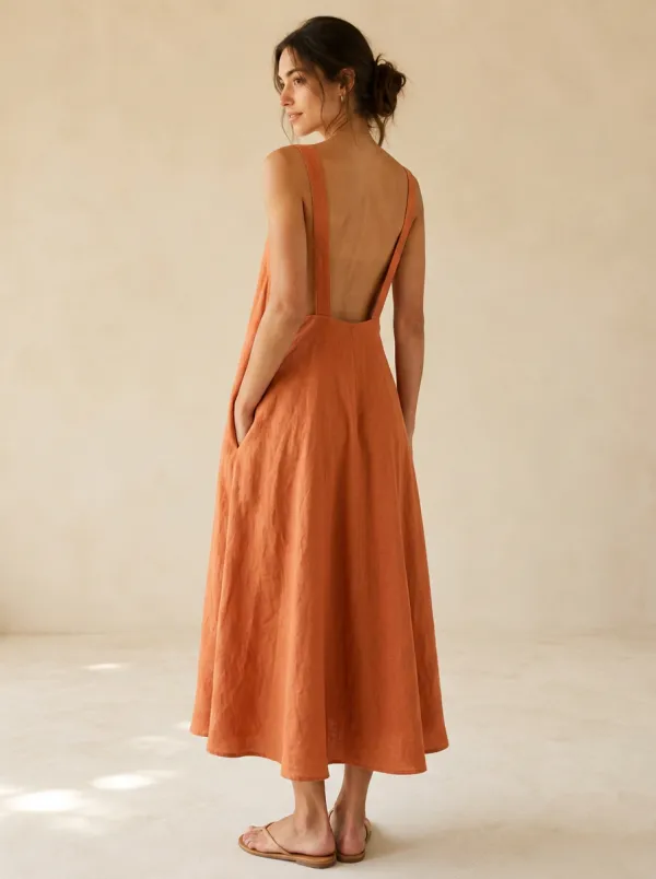 Women's Soft-Line Casual Linen Midi Backless Dress