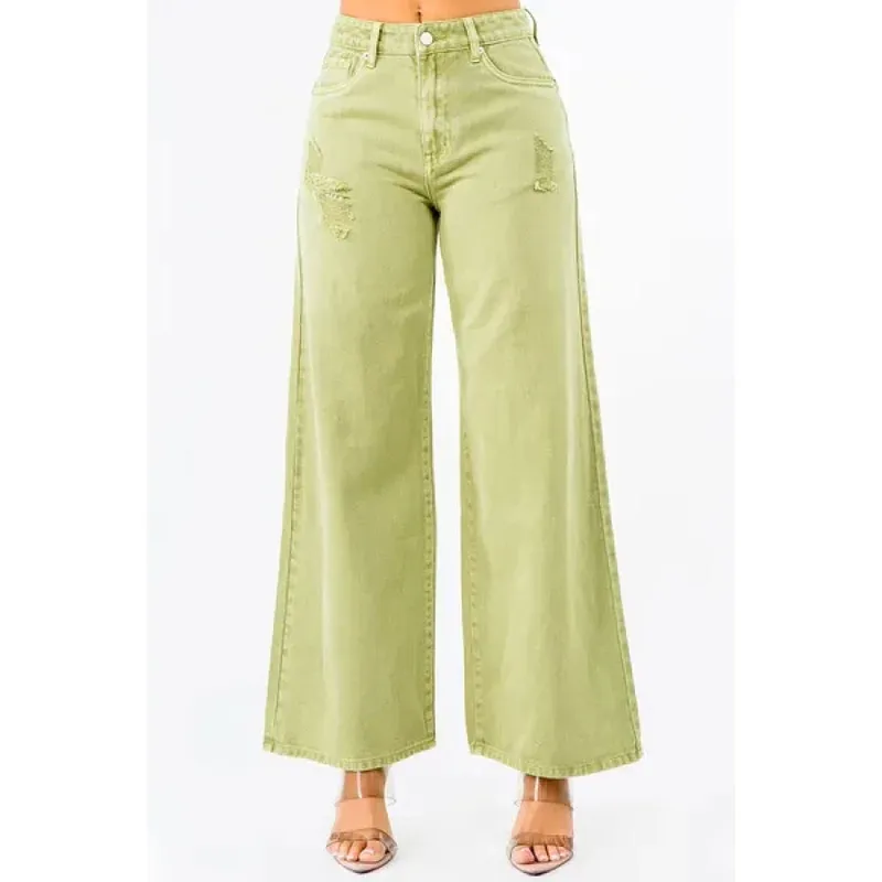 High-Waist Distressed Wide Leg Jeans