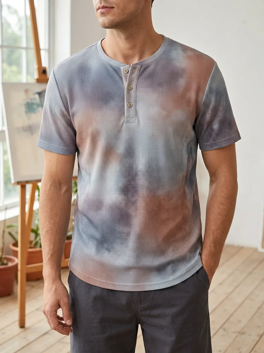 Men's Artful Casual Style Tie-Dye Waffle Knit Henley T-Shirt