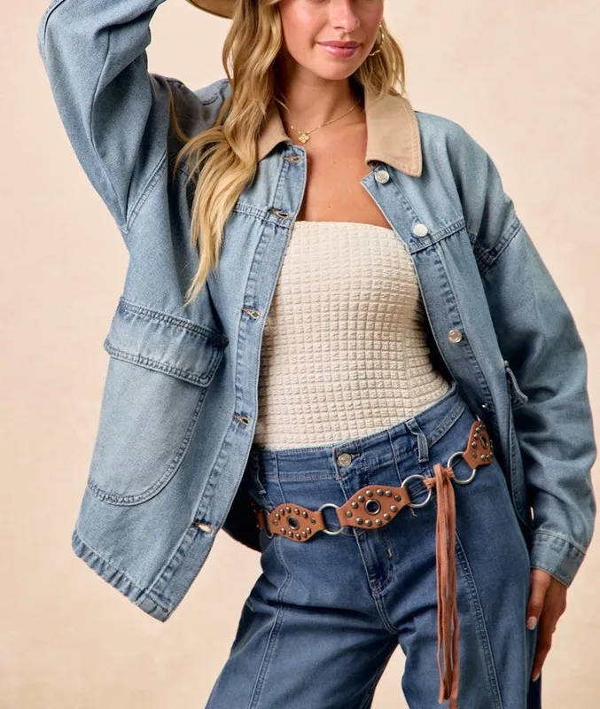Washed Denim Jacket with Contrast Collar Detail