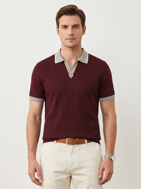 Men's Navy Blue Ribbed Knit Contrast Collar Polo Shirt