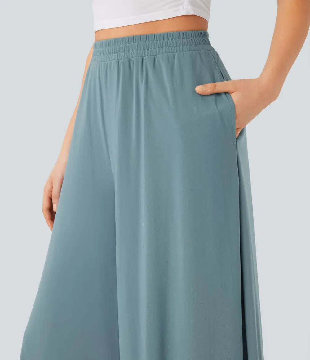 High Waisted Pocket Mesh Overlay Wide Leg Casual Pants