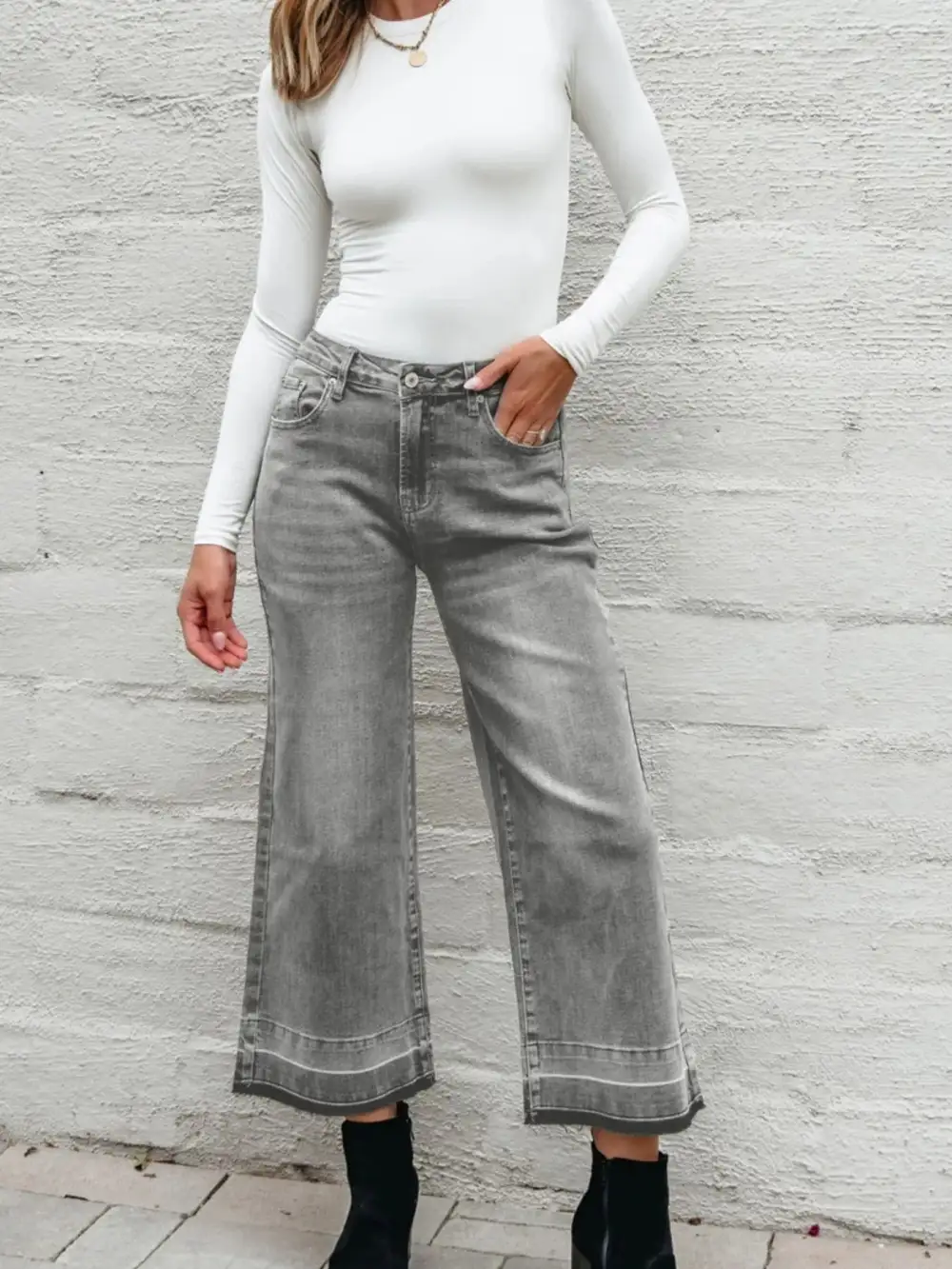 Versatile High Waist Wide Leg Washed Denim Jeans